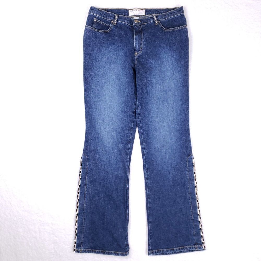 Selia E Boot Cut Jeans Womens 32x31 Blue Embellished Hems Boho Western USA Made‎
